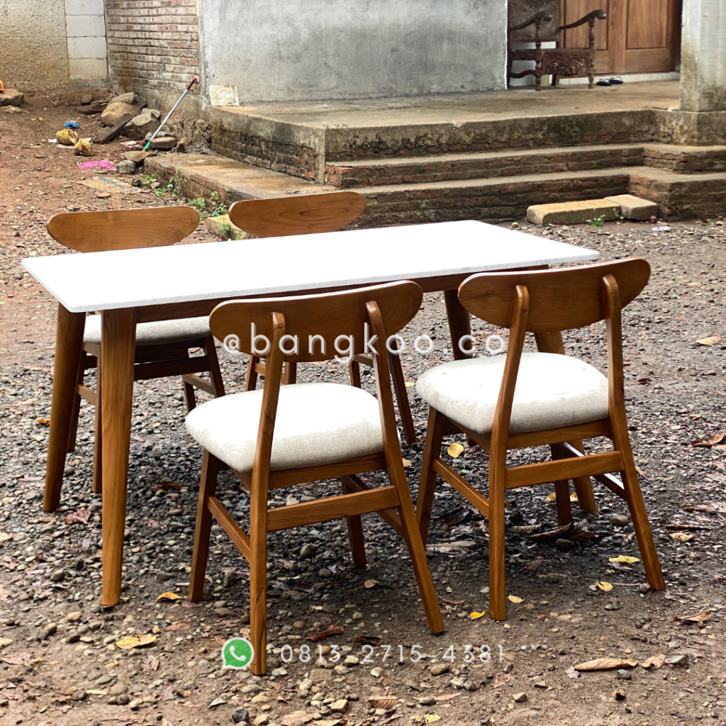 Set Meja Makan Marmer Minimalis Jati